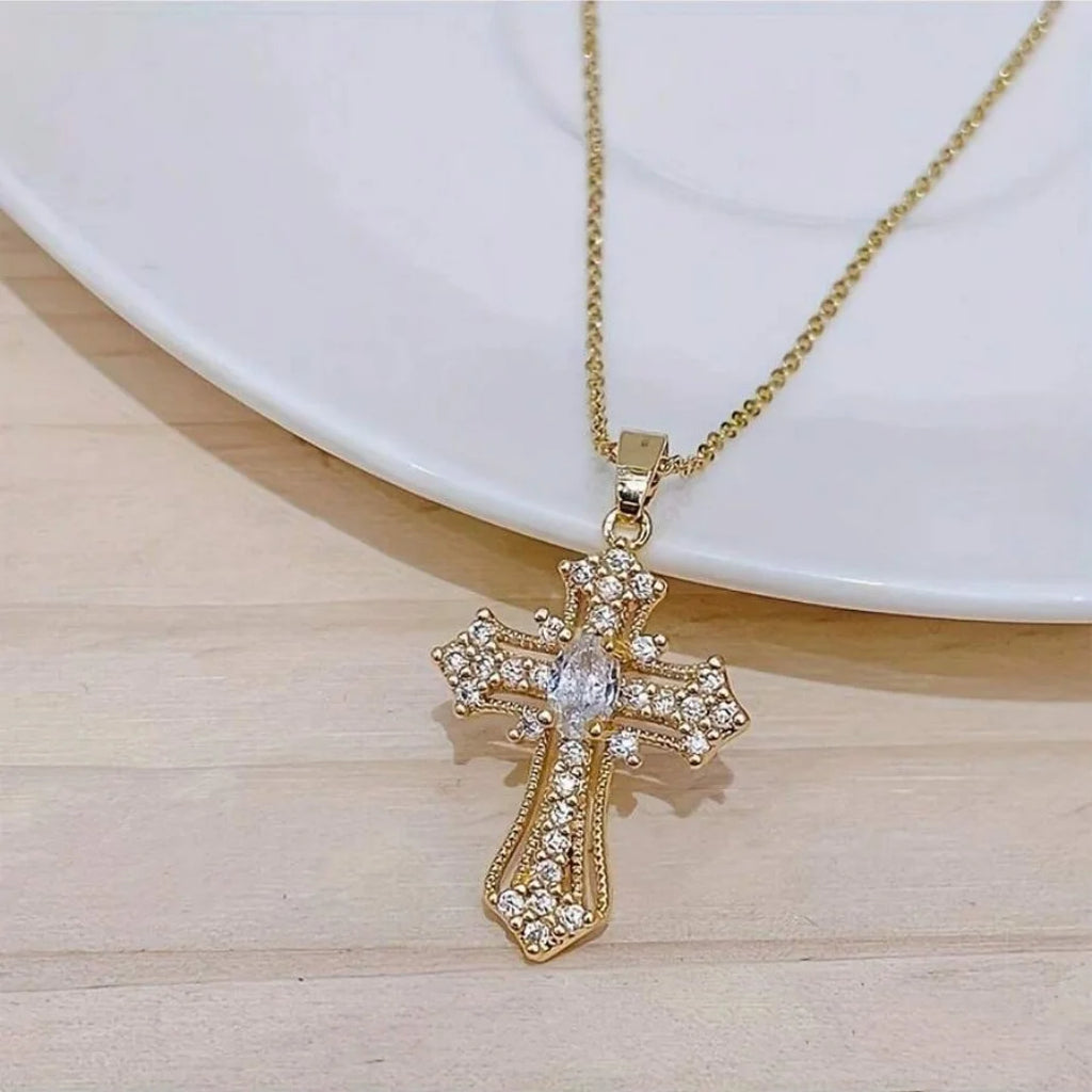 Vintage Zircon Cross Necklace