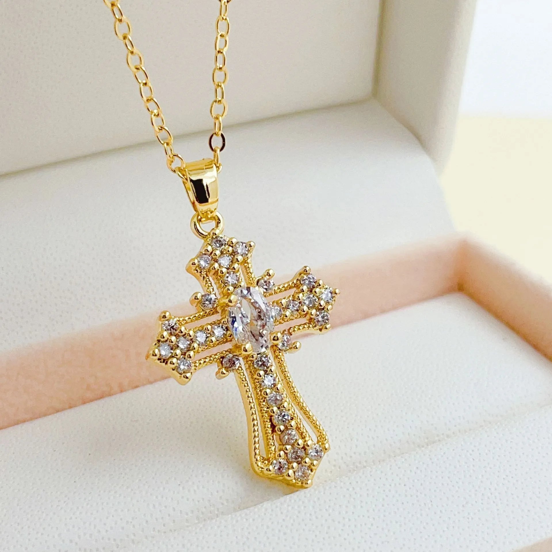 Vintage Zircon Cross Necklace